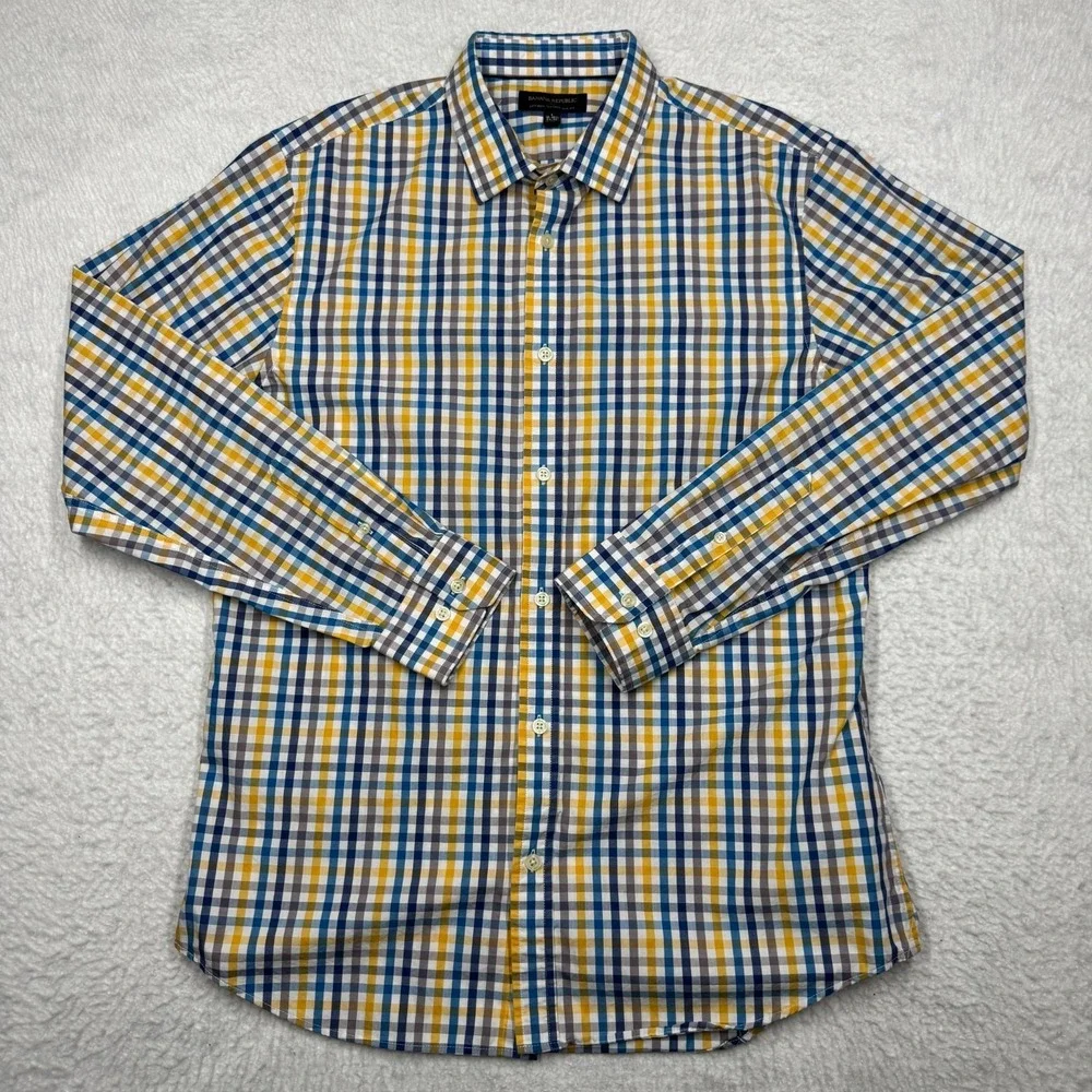 Banana Republic Shirt Blue Yellow Button Down Cotton Slim Fit Non‎ Iron Men's L